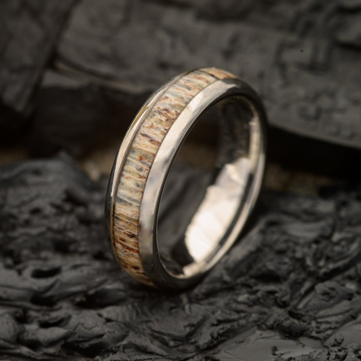 6mm Silver Tungsten Steel Ring with single groove Deer Antler inlay resting on Charcoal