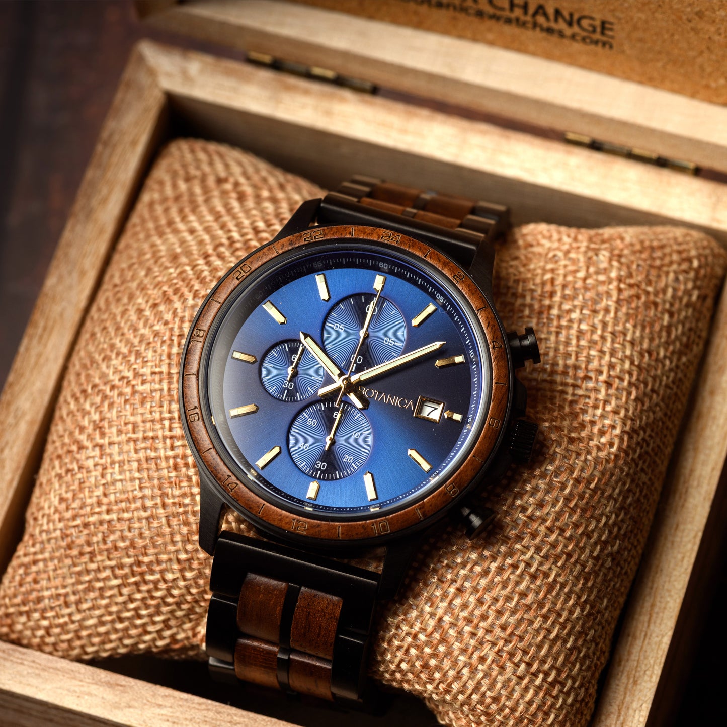 Wooden watch with blue dial in a wooden box