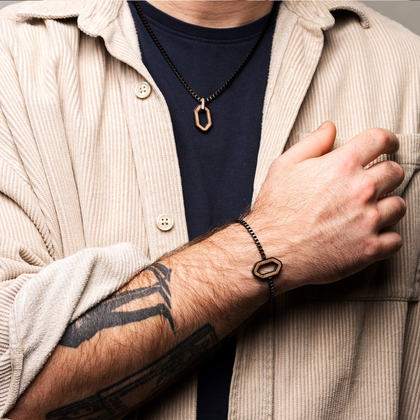 Mens Necklace Whiskey Wood Stainless Steel Hexagon Shape | Ridge