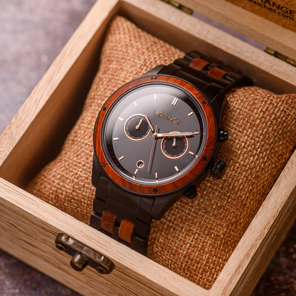Mens Rosewood and Black Stainless Steel 2 dial Chronograph watch on hessian cushion in presentation box