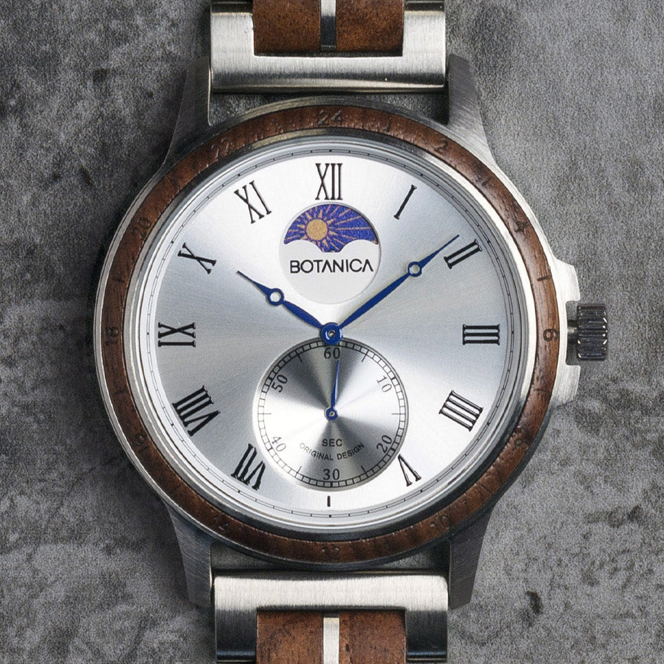 Mens Wooden Watch with Walnut wood & Silver Dial | Aurora – Botanica