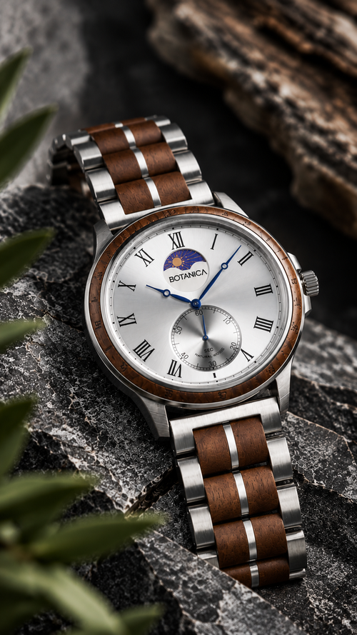 A Botanica wristwatch with a silver stainless steel and brown wood link bracelet, featuring a white dial with Roman numerals and a moonphase indicator, styled on dark textured rocks with green leaves in the foreground.