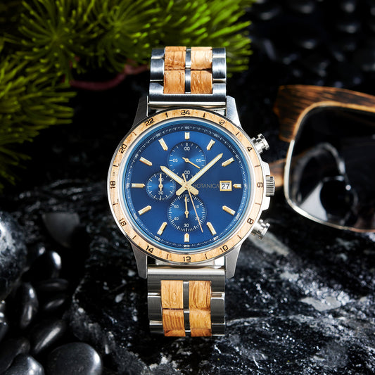 Whiskey Wood Watch with Blue Dial | PYTHAGORAS