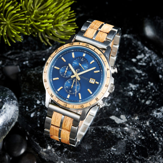 Whiskey Wood Watch with Blue Dial | PYTHAGORAS