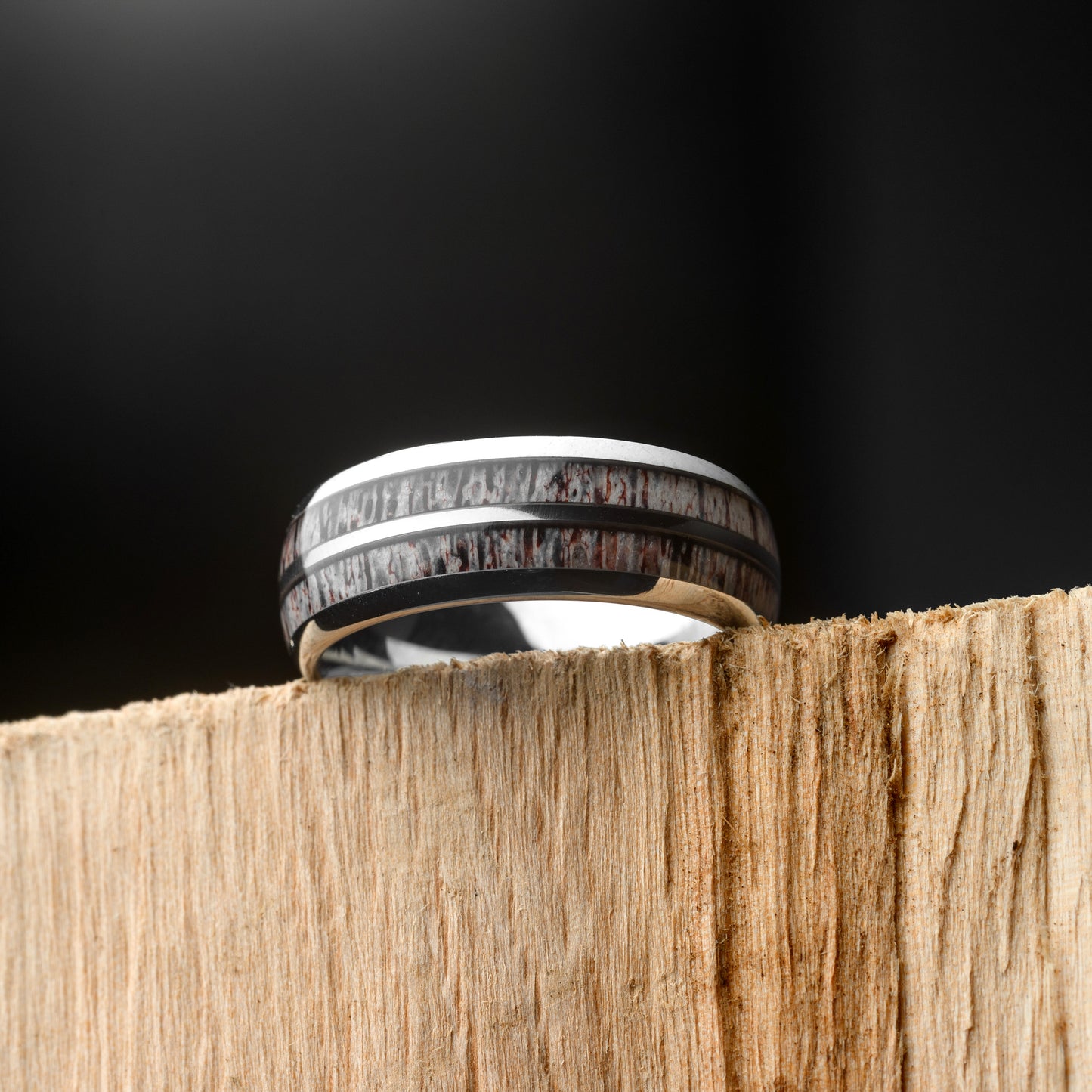 Men's Tungsten Rings Dual Deer Antler Inlay Silver Wedding Band | Roscoe