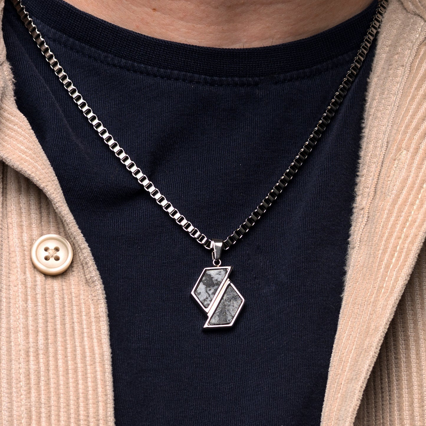 Men's Stainless Steel Necklace with Arezzo Marble Inlay & Hexagon Pendant | Anchor