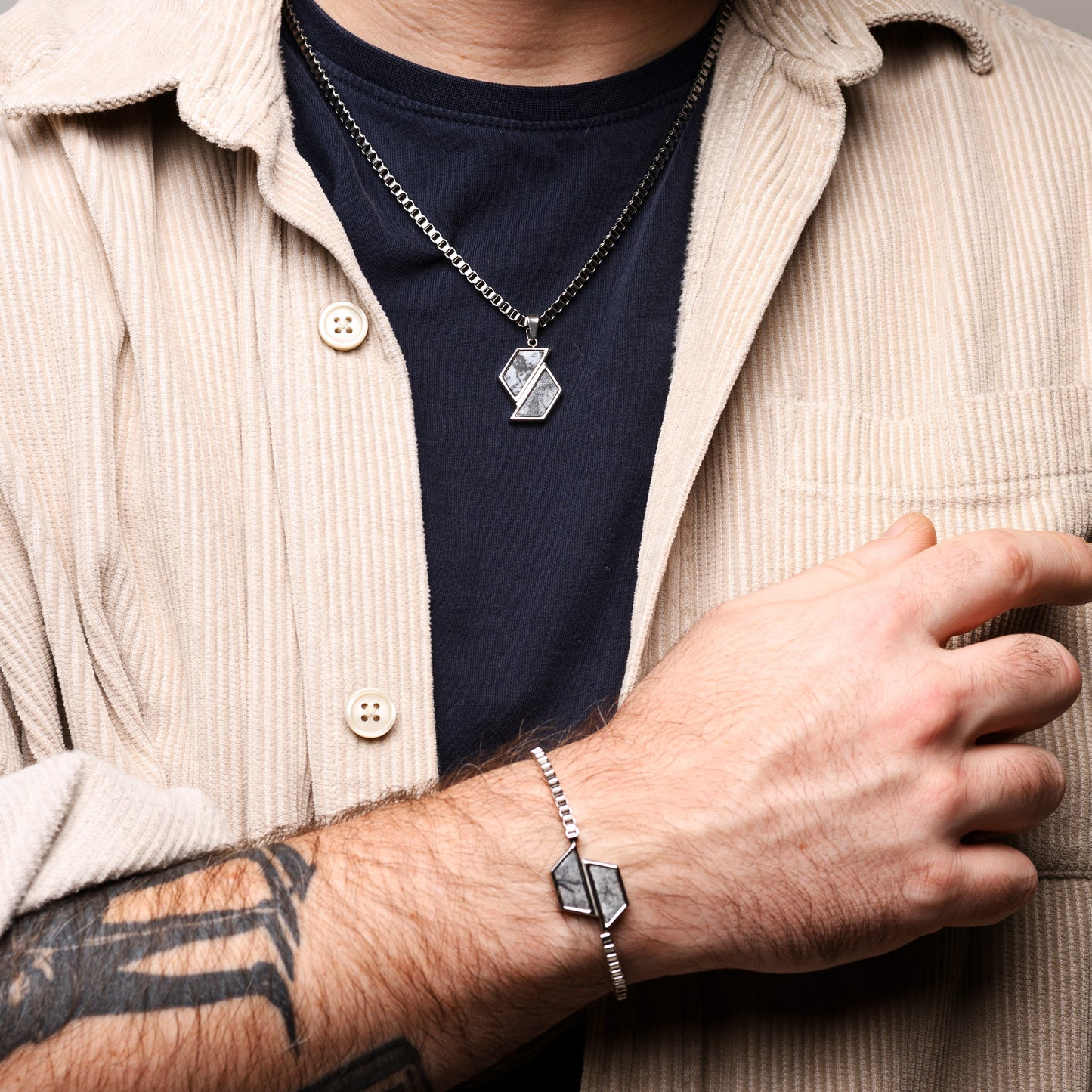 Men's Stainless Steel Necklace with Arezzo Marble Inlay & Hexagon Pendant | Anchor