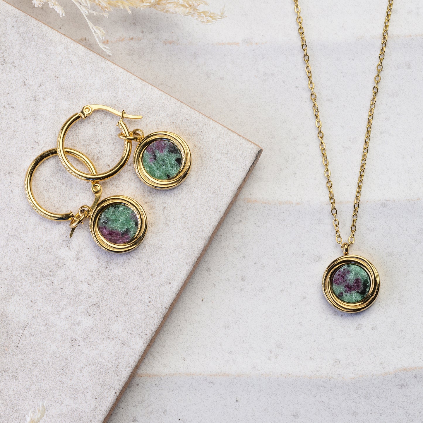 Gold Plated Hoop Earrings for Women with Malachite stone pendant | Elara