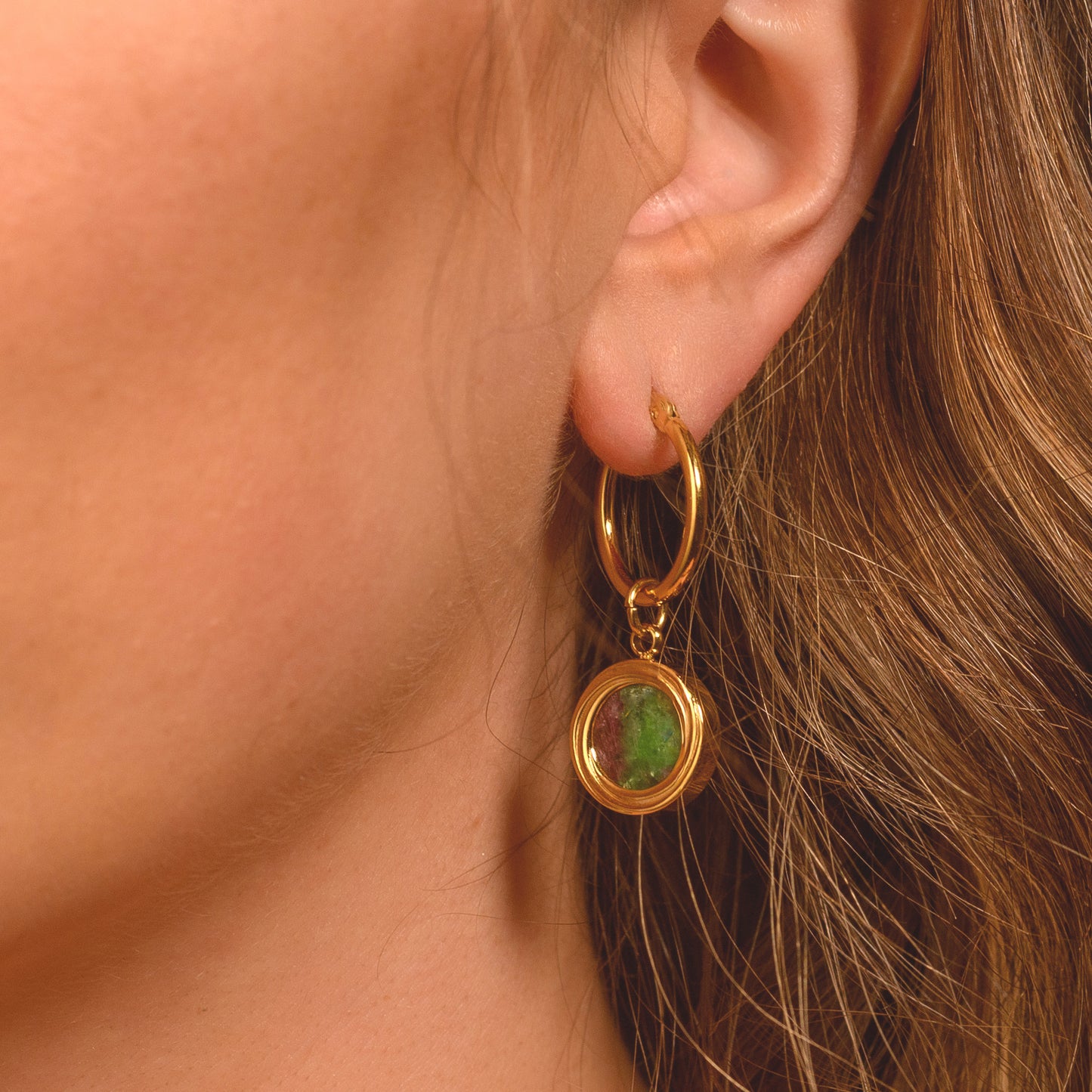 Gold Plated Hoop Earrings for Women with Malachite stone pendant | Elara