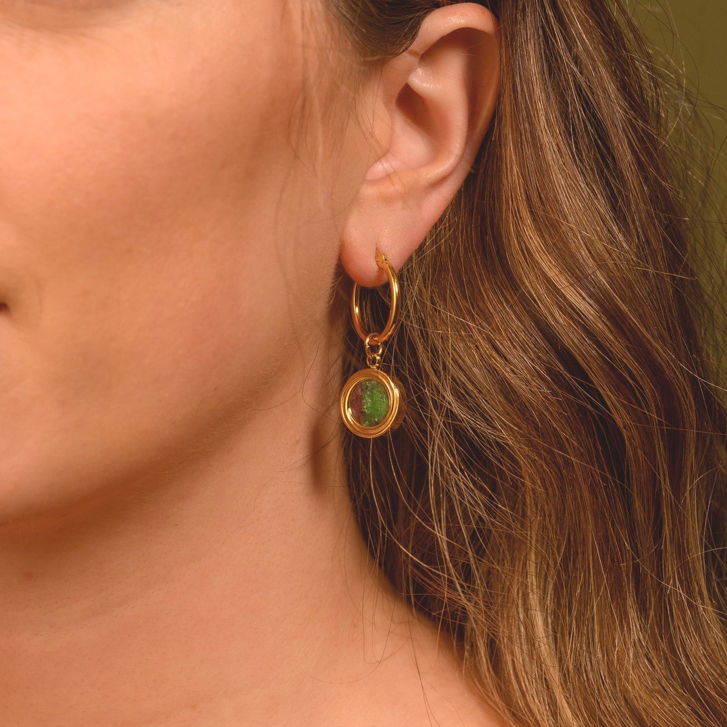 Gold Plated Hoop Earrings for Women with Malachite stone pendant | Elara