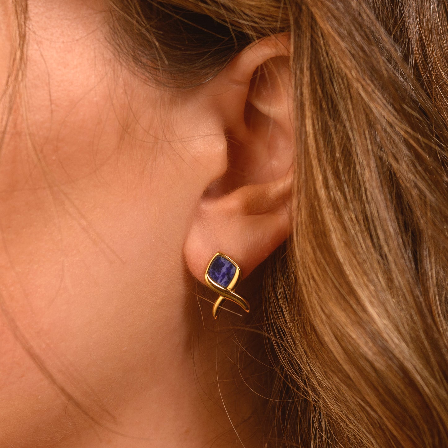 Women's Gold Plated Studded Earrings with Lapis Lazuli Inlay Minimalist Infinity shape pendant | Nahla Earrings
