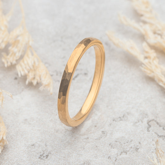 Hammered Gold Ring Tungsten Steel Wedding Band for Women 2mm | GOLD 2MM