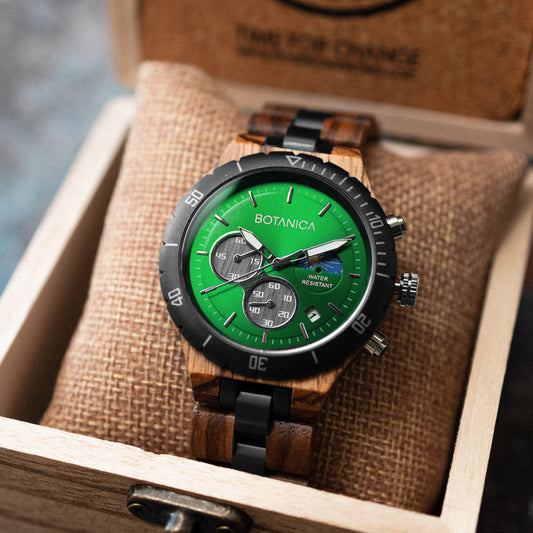 Zebrano Wood Watch with Green Dial | HATI