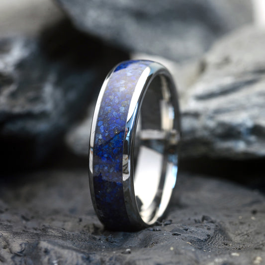 Mens Tungsten Wedding Band Silver and lapis lazuli inlay ring | Strata
