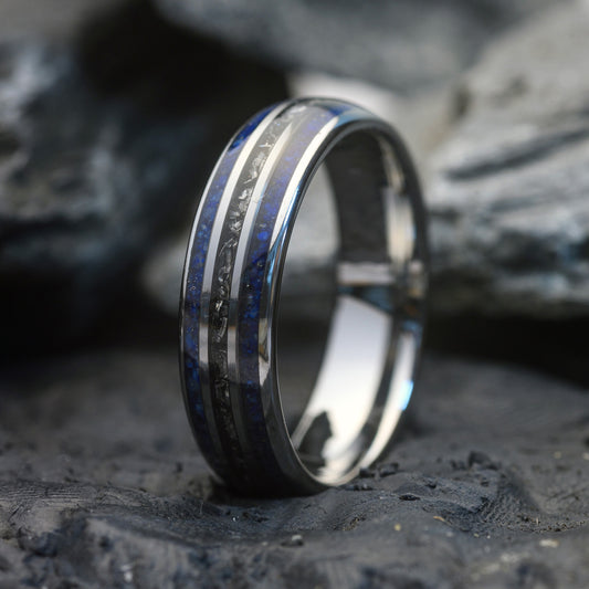 Mens Tungsten Steel Ring with Meteorite & Lapis Lazuli Stone Wedding Band | Noctis