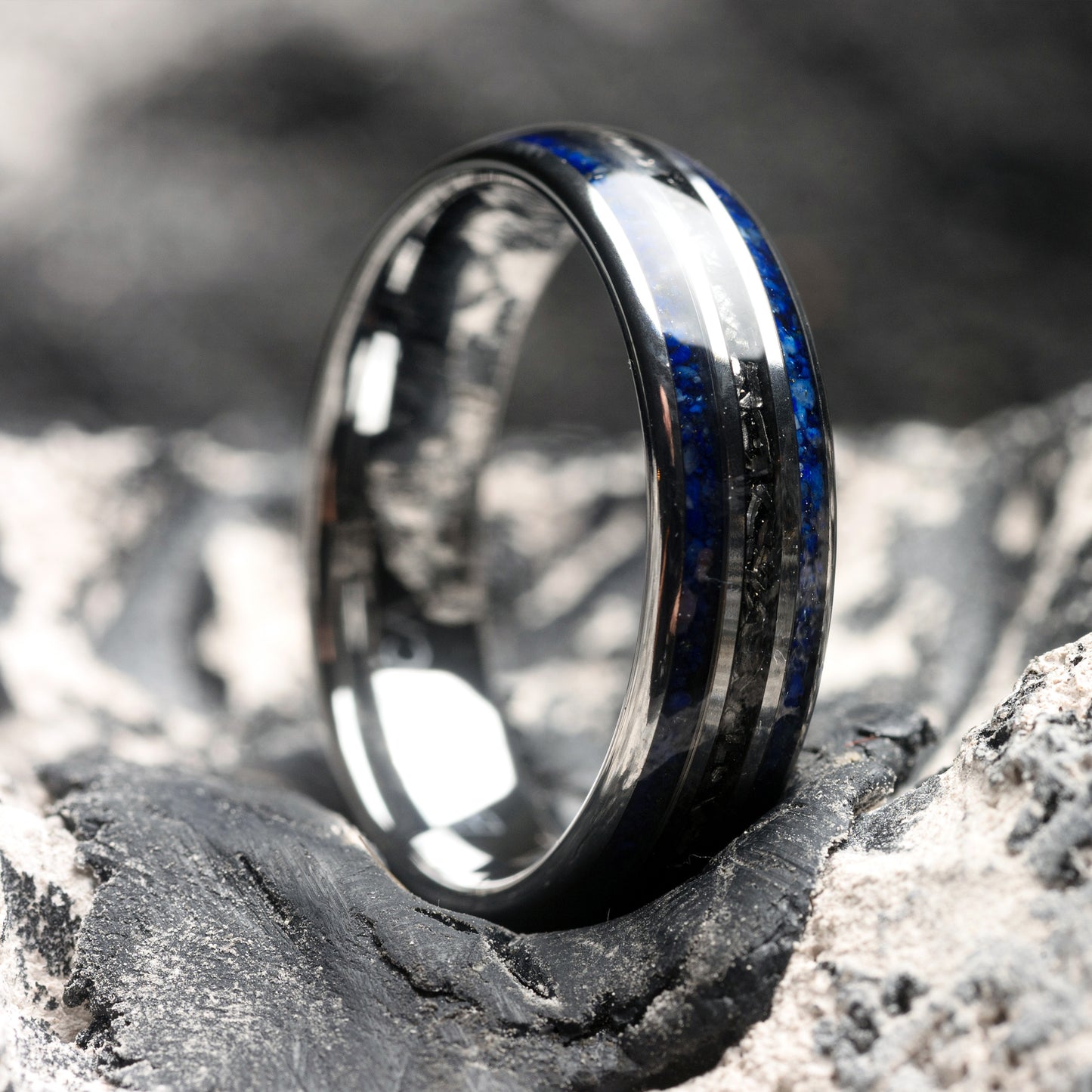 Mens Tungsten Steel Ring with Meteorite & Lapis Lazuli Stone Wedding Band | Noctis