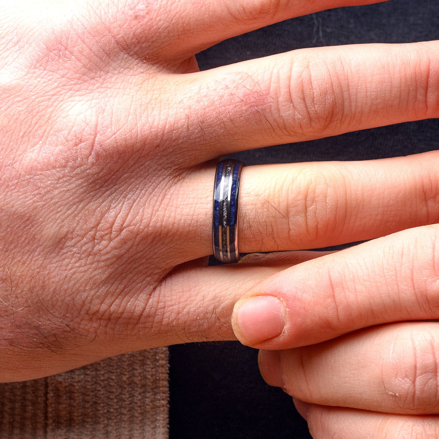 Mens Tungsten Steel Ring with Meteorite & Lapis Lazuli Stone Wedding Band | Noctis