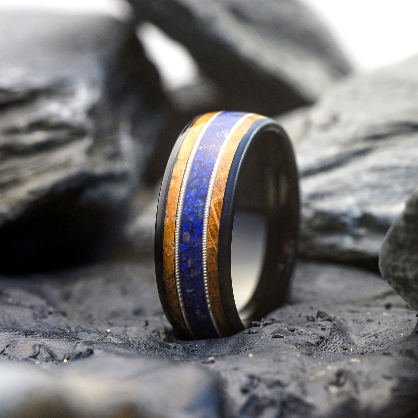 Whiskey Wood & Lapis Lazuli Tungsten Steel Ring for Men guitar string inlay ring | Azura