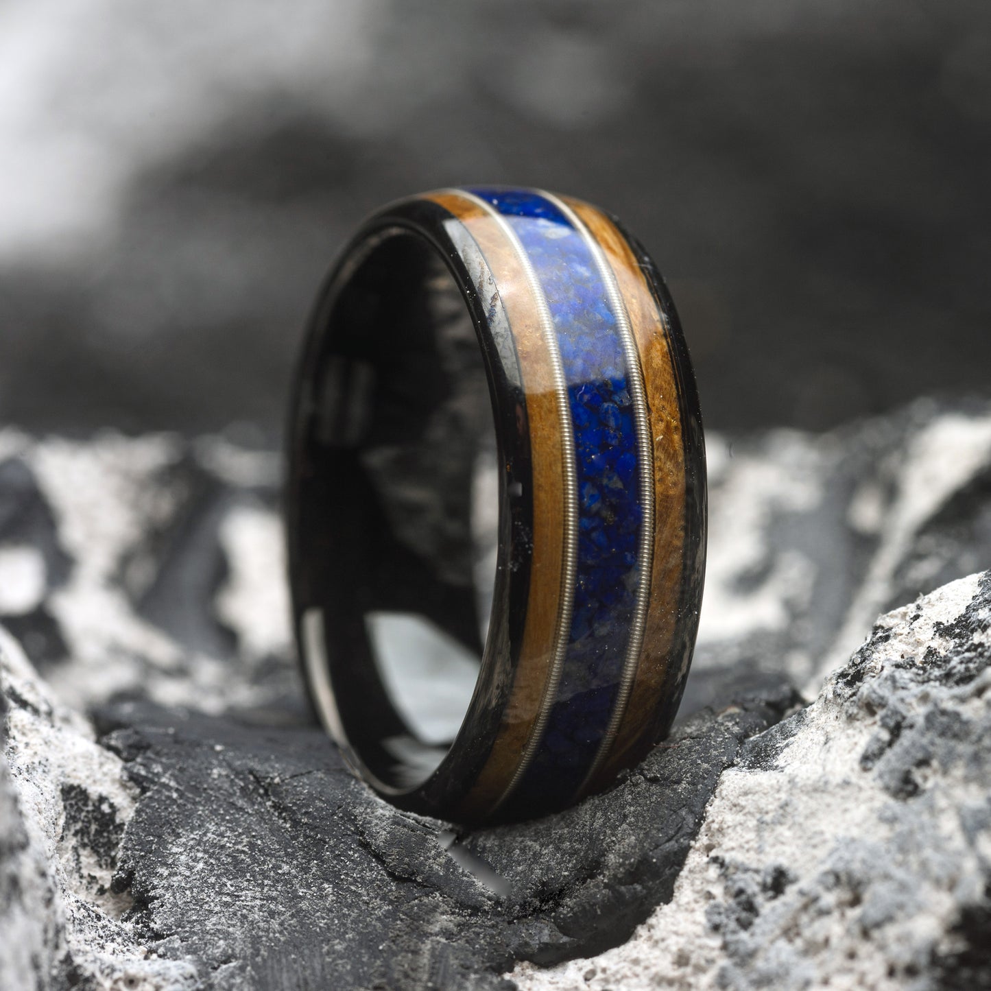 Whiskey Wood & Lapis Lazuli Tungsten Steel Ring for Men guitar string inlay ring | Azura