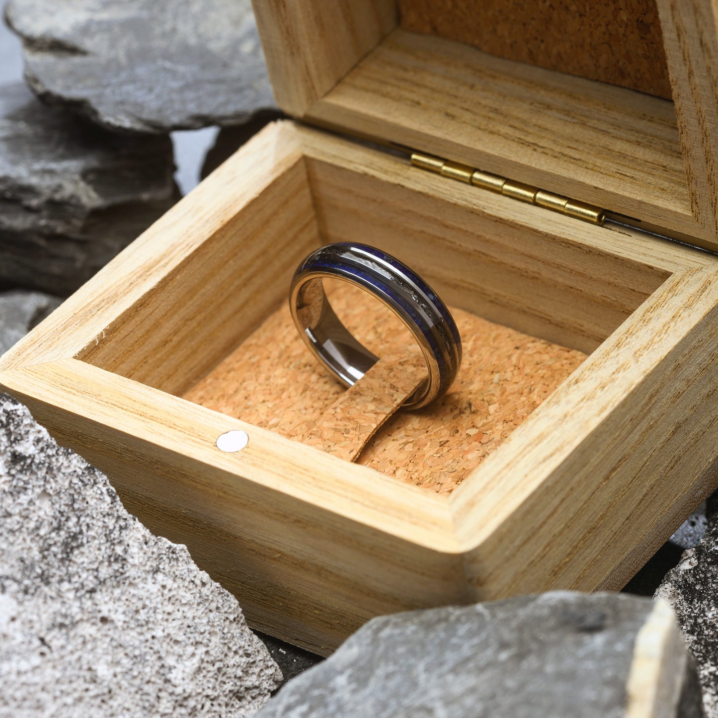 Mens Tungsten Steel Ring with Meteorite & Lapis Lazuli Stone Wedding Band | Noctis