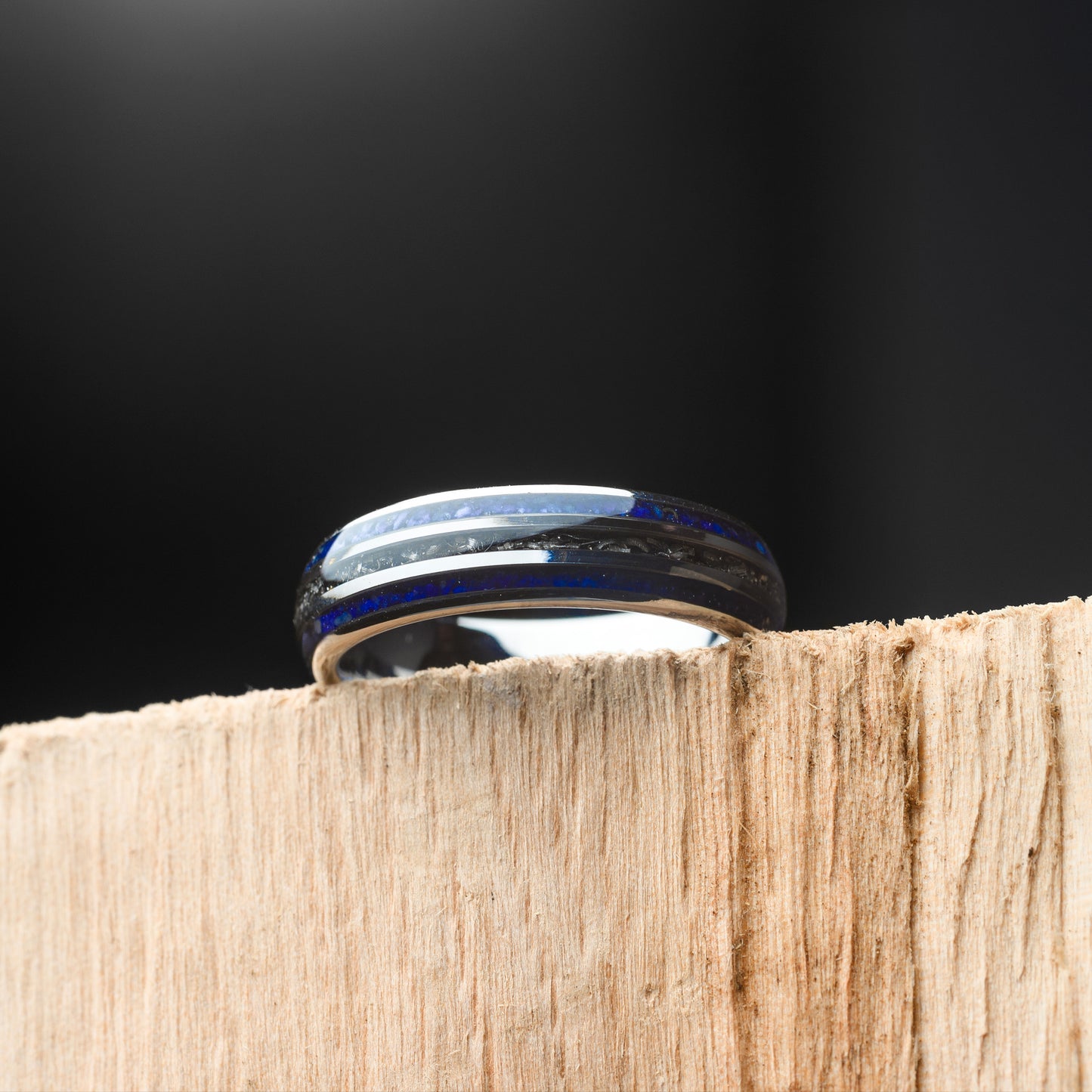 Mens Tungsten Steel Ring with Meteorite & Lapis Lazuli Stone Wedding Band | Noctis