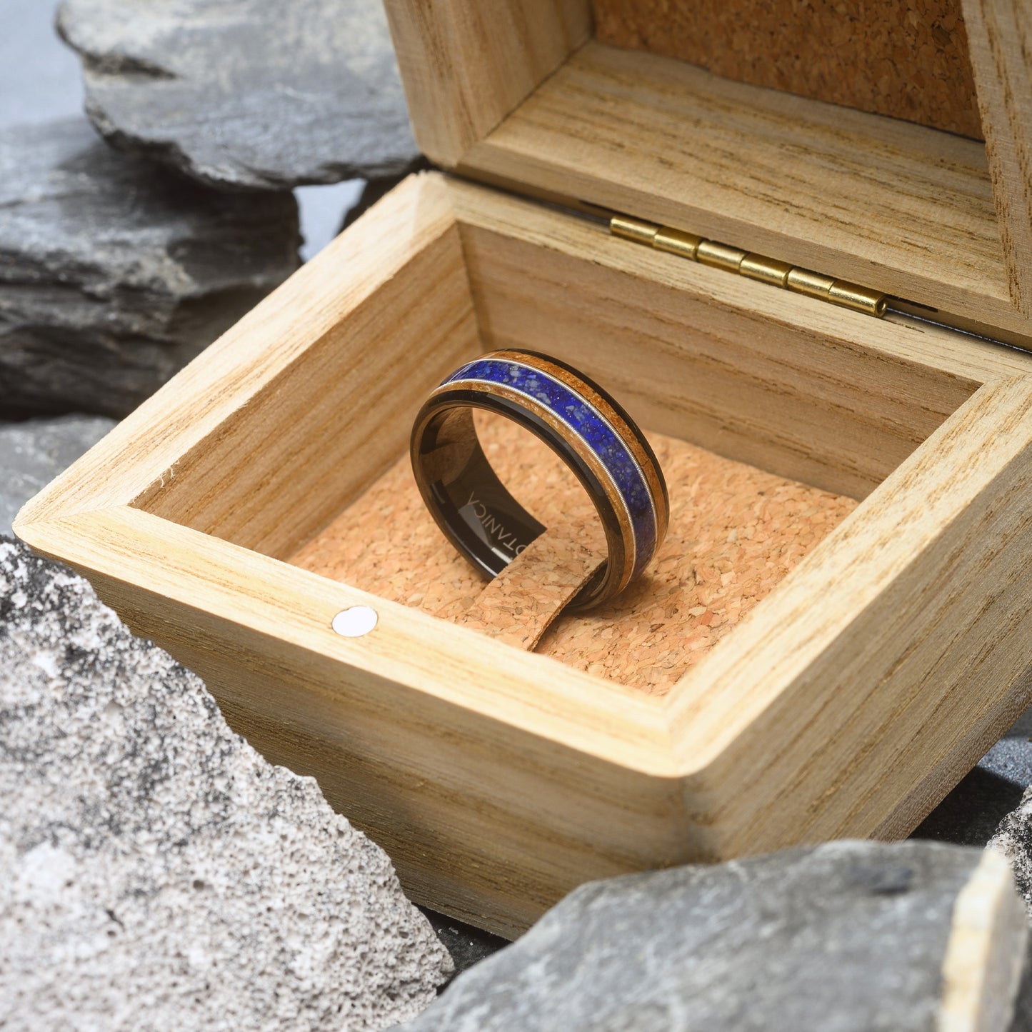 Whiskey Wood & Lapis Lazuli Tungsten Steel Ring for Men guitar string inlay ring | Azura