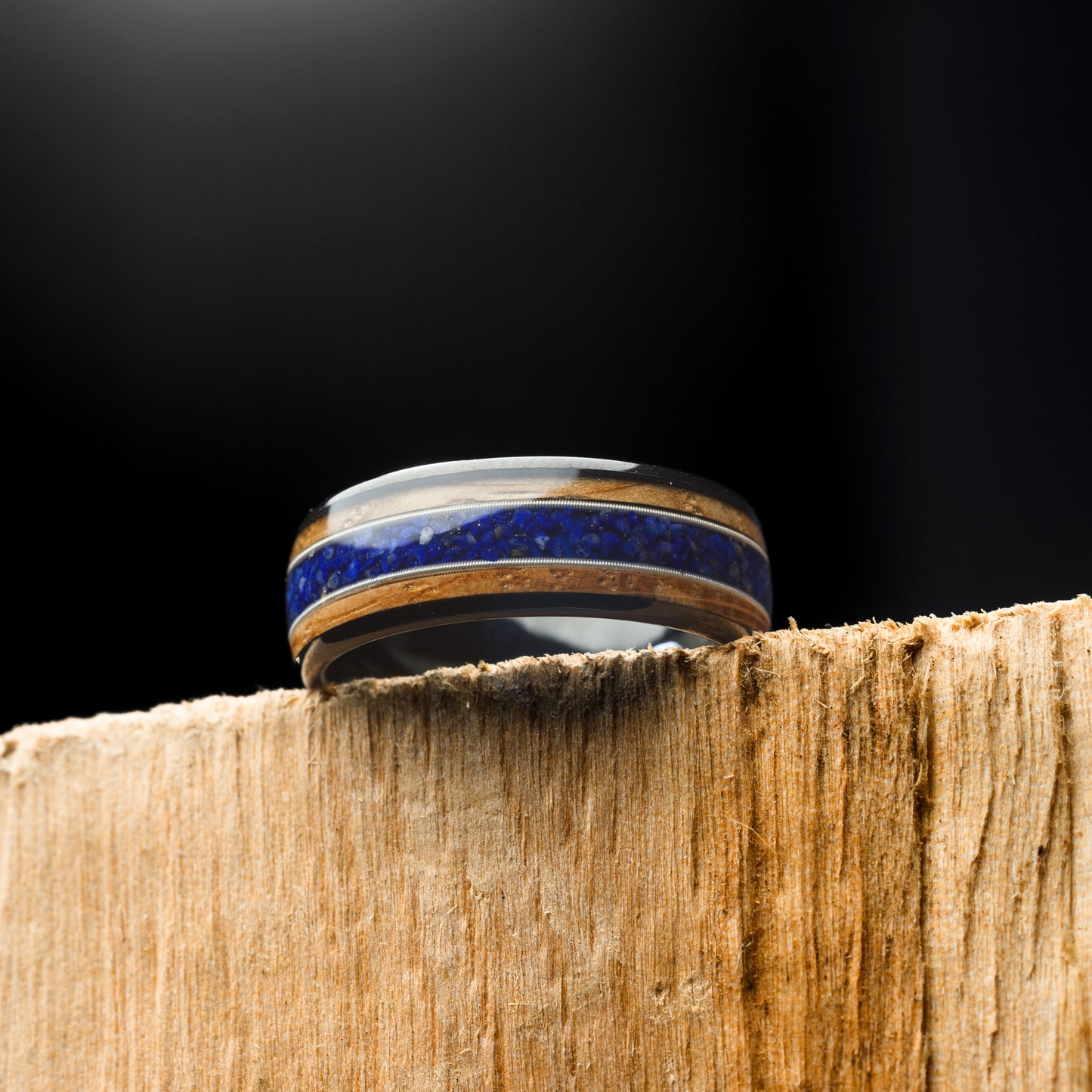 Whiskey Wood & Lapis Lazuli Tungsten Steel Ring for Men guitar string inlay ring | Azura