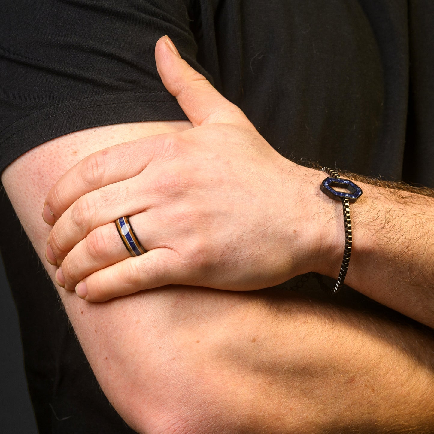 Whiskey Wood & Lapis Lazuli Tungsten Steel Ring for Men guitar string inlay ring | Azura