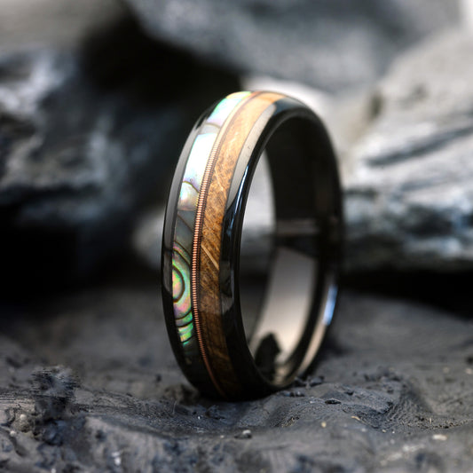 Whiskey Wood & Abalone shell Tungsten Ring for Men with Black Steel Wedding Band | Martin