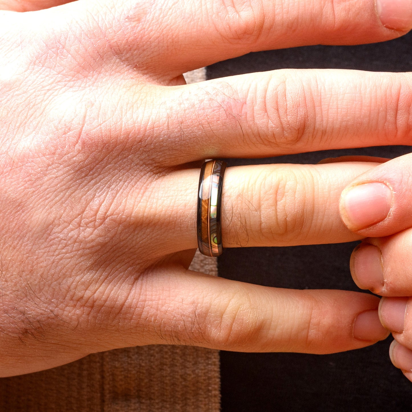 Tungsten Wedding Band for Men with Whiskey Wood, Abalone shell & Guitar String | Martin