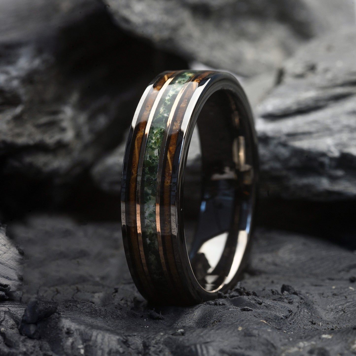 Wedding Band for Men Tungsten Ring with moss agate and whiskey wood | Flint