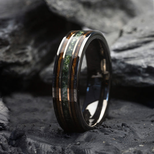 Wedding Band for Men Tungsten Ring with moss agate and whiskey wood | Flint