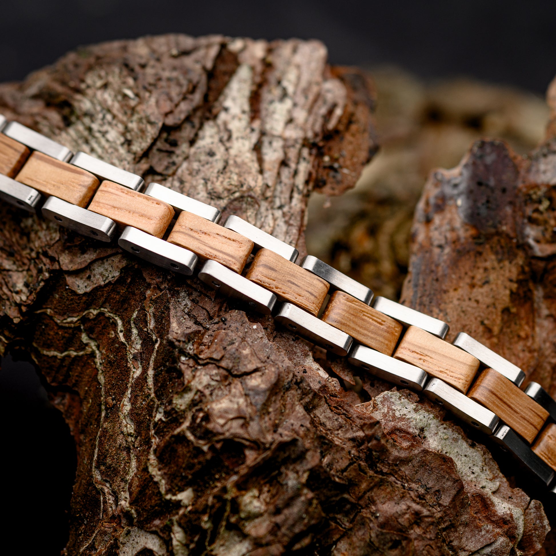 A Mens Silver tungsten steel bracelet with whiskey wood internal links resting on a piece of drift wood