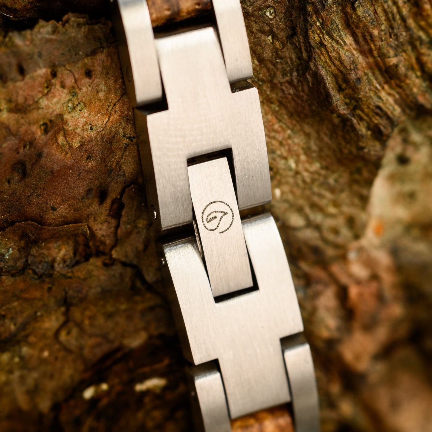 A close up of Botanica Logo Clasp on Mens Silver Steel and Whiskey wood bracelet backdrop of drift wood