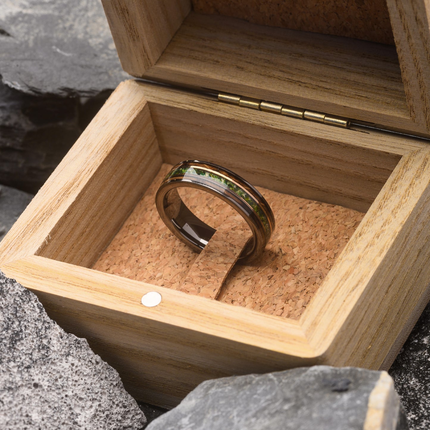 Wedding Band for Men Tungsten Ring with moss agate and whiskey wood | Flint