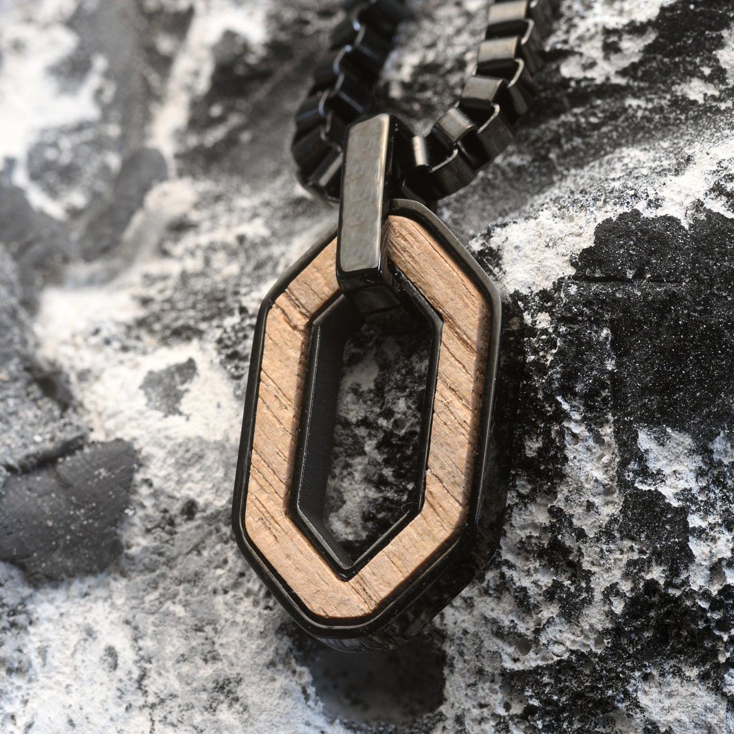 Mens Necklace Whiskey Wood Stainless Steel Hexagon Shape | Ridge