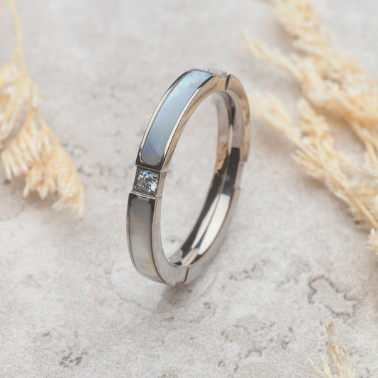 Womens Silver Ring with Mother Pearl Inlay and Zirconia Stone Wedding band | Astra