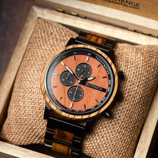 Zebrano Wooden watch with a detailed face in a wooden box