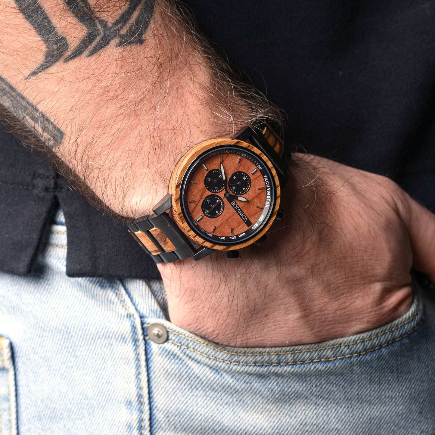 Chronograph Wooden Watch for Men with Zebrano Case & Rosewood Dial | Odin