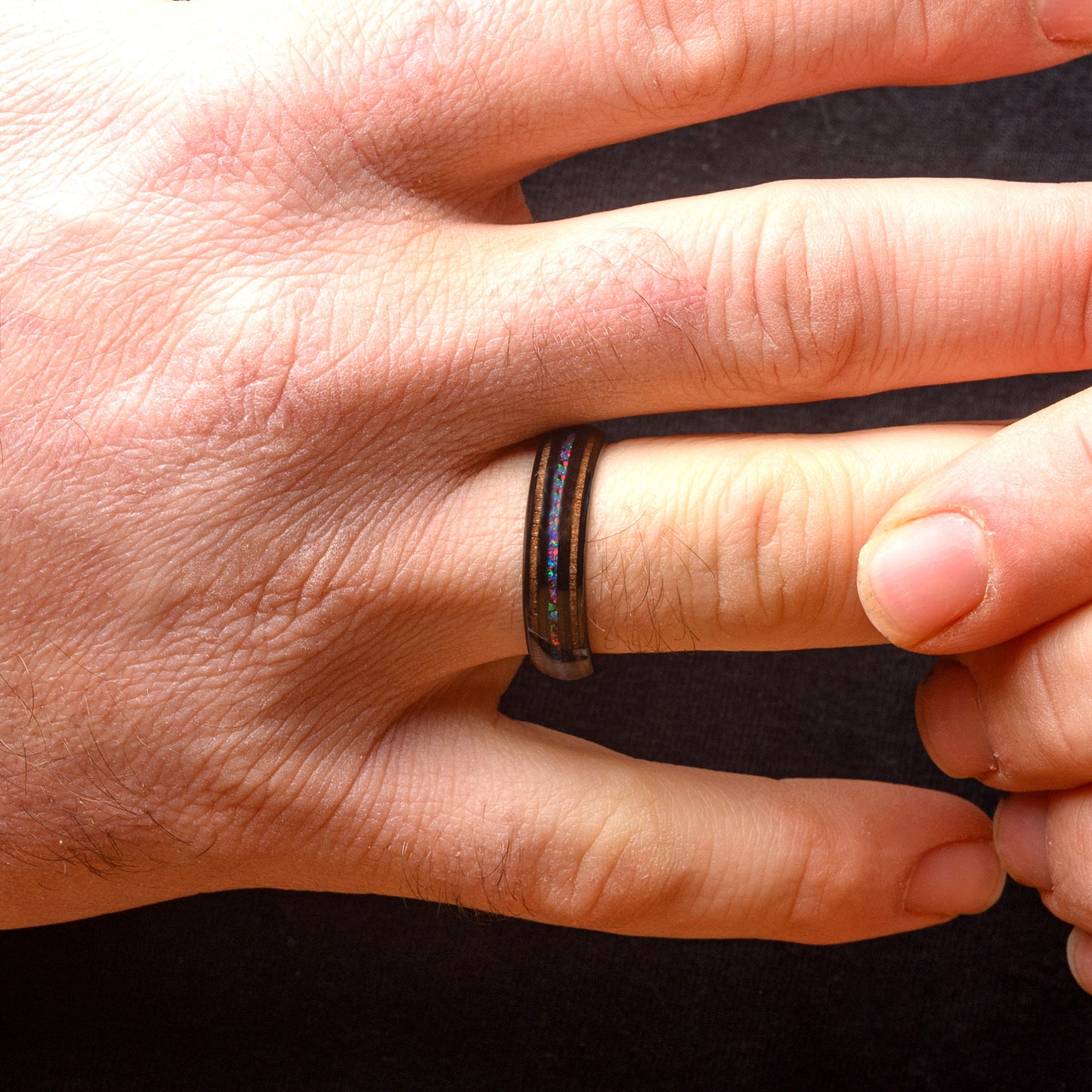 Mens Tungsten Ring Whiskey Wood and Opal Inlay wedding band | Cosmos