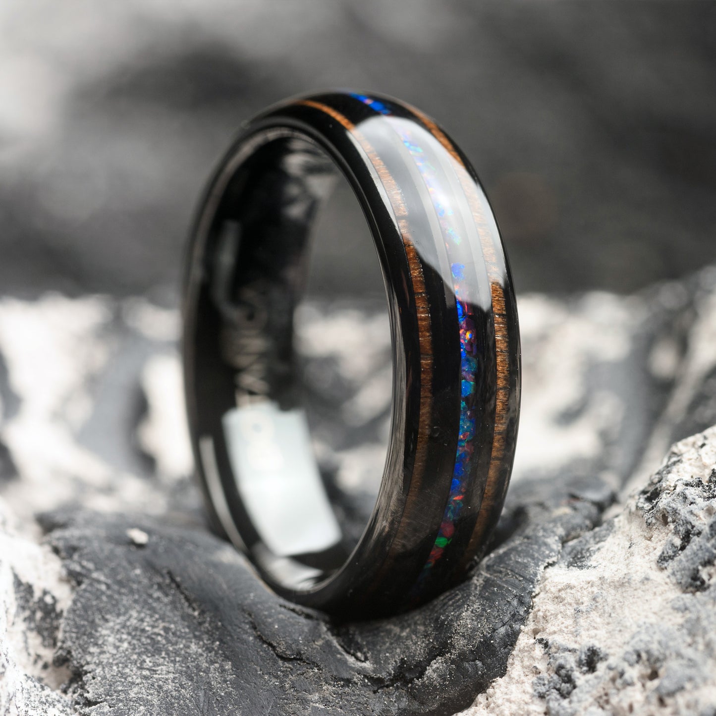 Mens Tungsten Ring Whiskey Wood and Opal Inlay wedding band | Cosmos