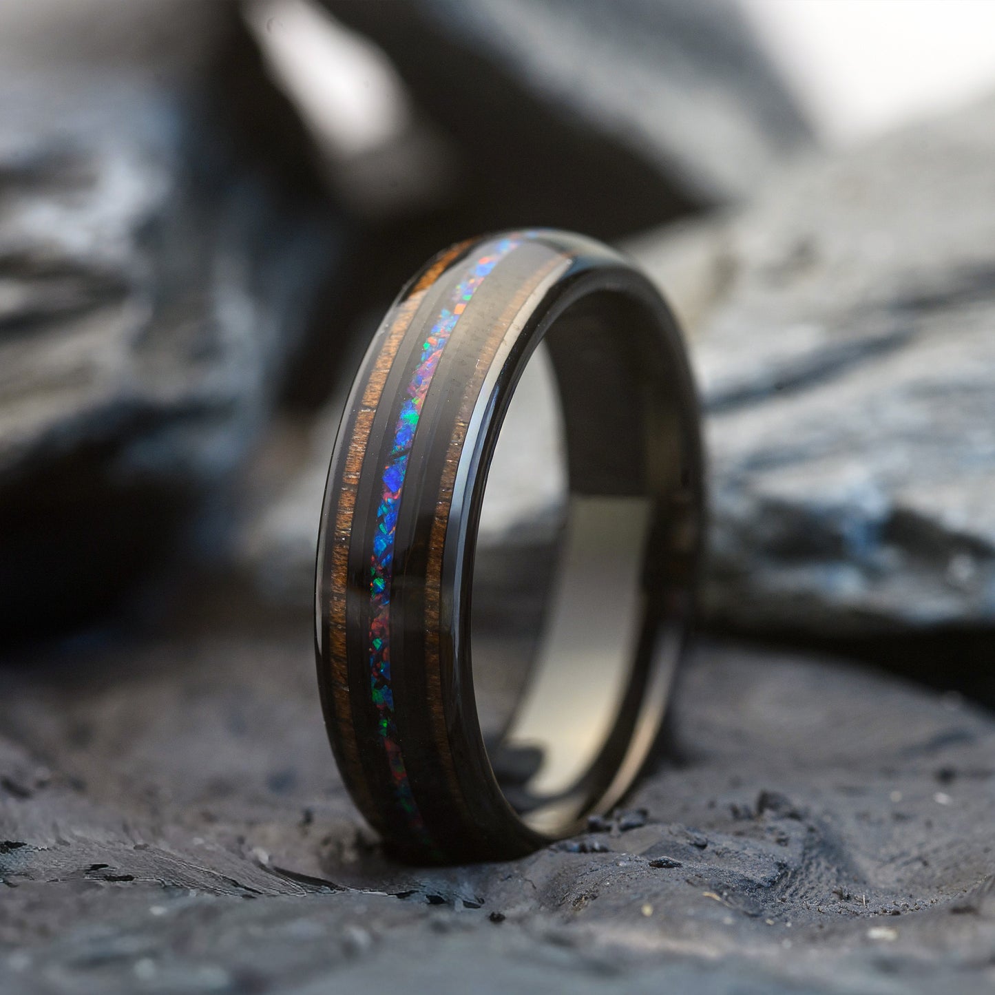 Mens Tungsten Ring Whiskey Wood and Opal Inlay wedding band | Cosmos