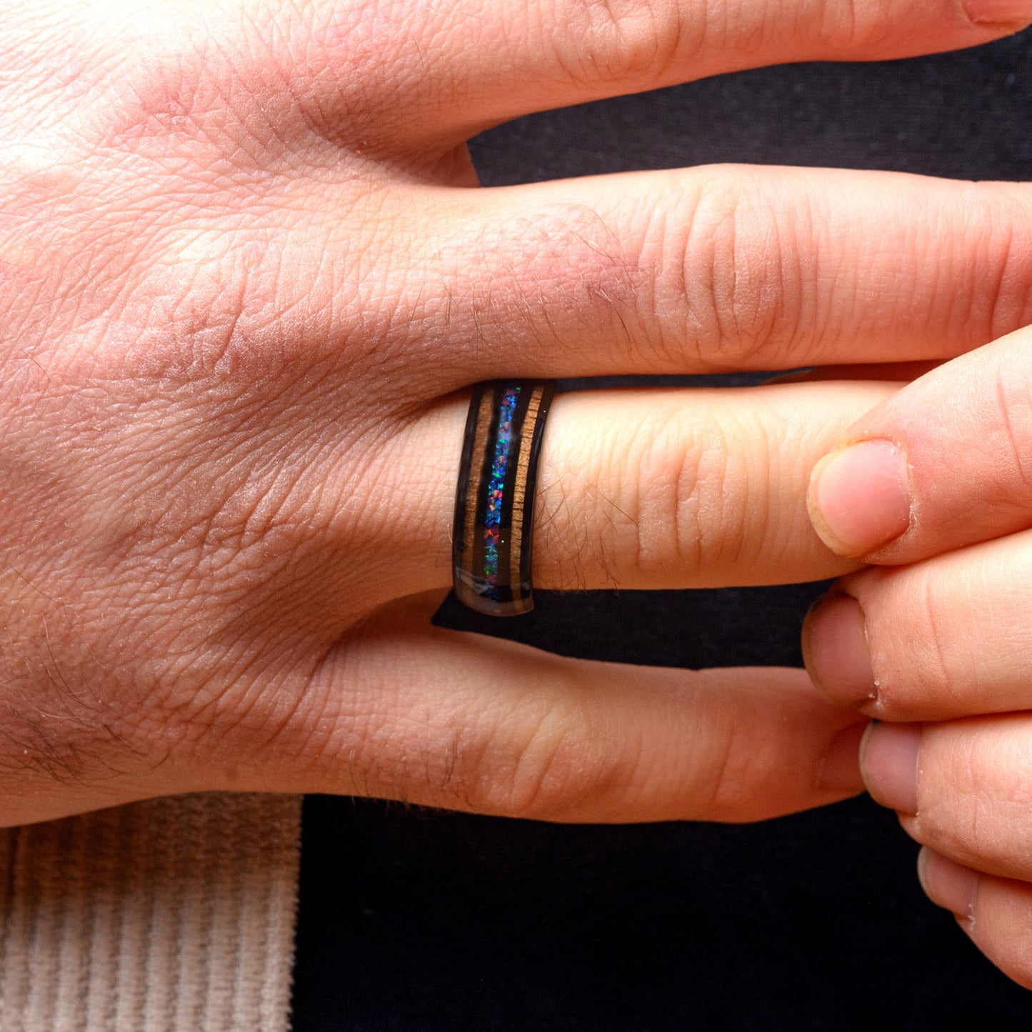 Mens Tungsten Wedding Band whiskey wood & Opal inlay Ring | Caelum 8mm