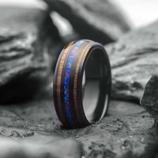 Mens Tungsten Wedding Band whiskey wood & Opal inlay Ring | Caelum 8mm