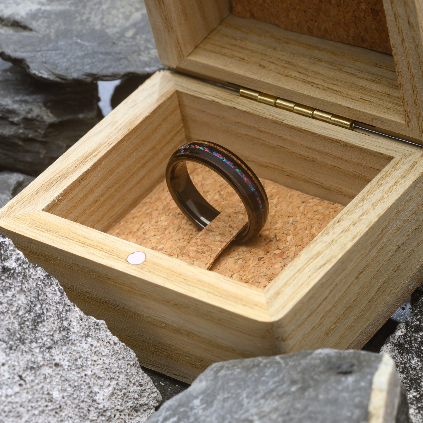 Mens Tungsten Ring Whiskey Wood and Opal Inlay wedding band | Cosmos