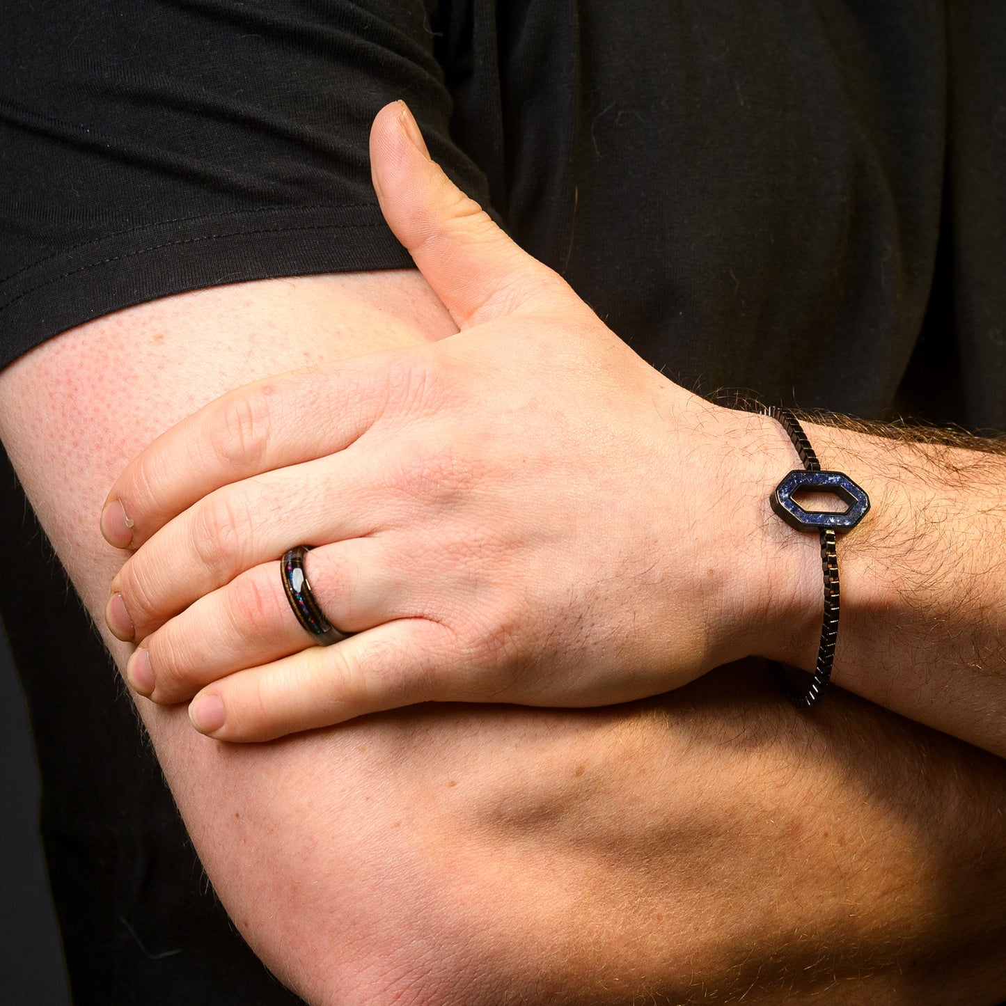 Mens Tungsten Ring Whiskey Wood and Opal Inlay wedding band | Cosmos