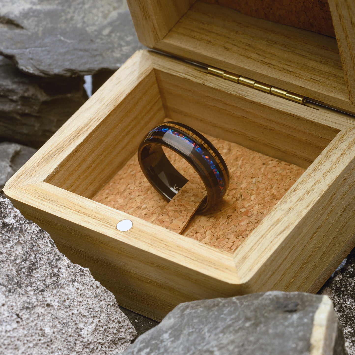 Mens Tungsten Wedding Band whiskey wood & Opal inlay Ring | Caelum 8mm
