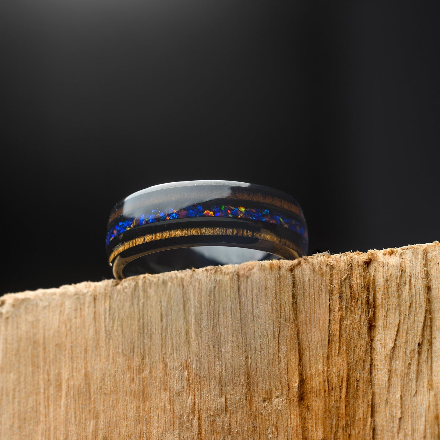 Mens Tungsten Wedding Band whiskey wood & Opal inlay Ring | Caelum 8mm
