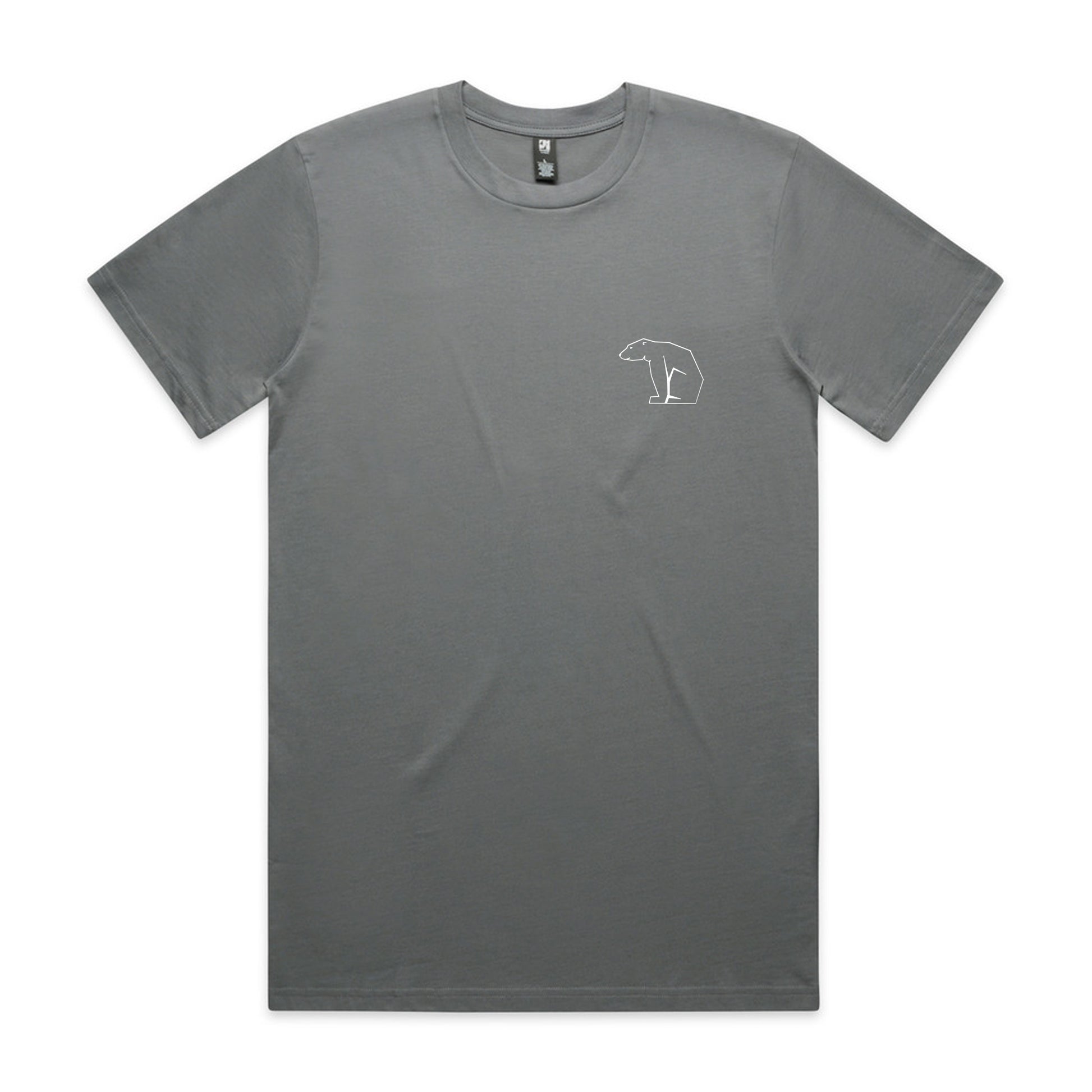 Gray t-shirt with a small logo on a white background