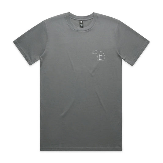 Gray t-shirt with a small logo on a white background